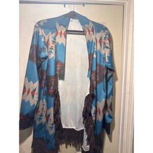 Southwestern Aztec Print Fringe Open Front Cardigan Blue XXL Boho‎ Geometric
